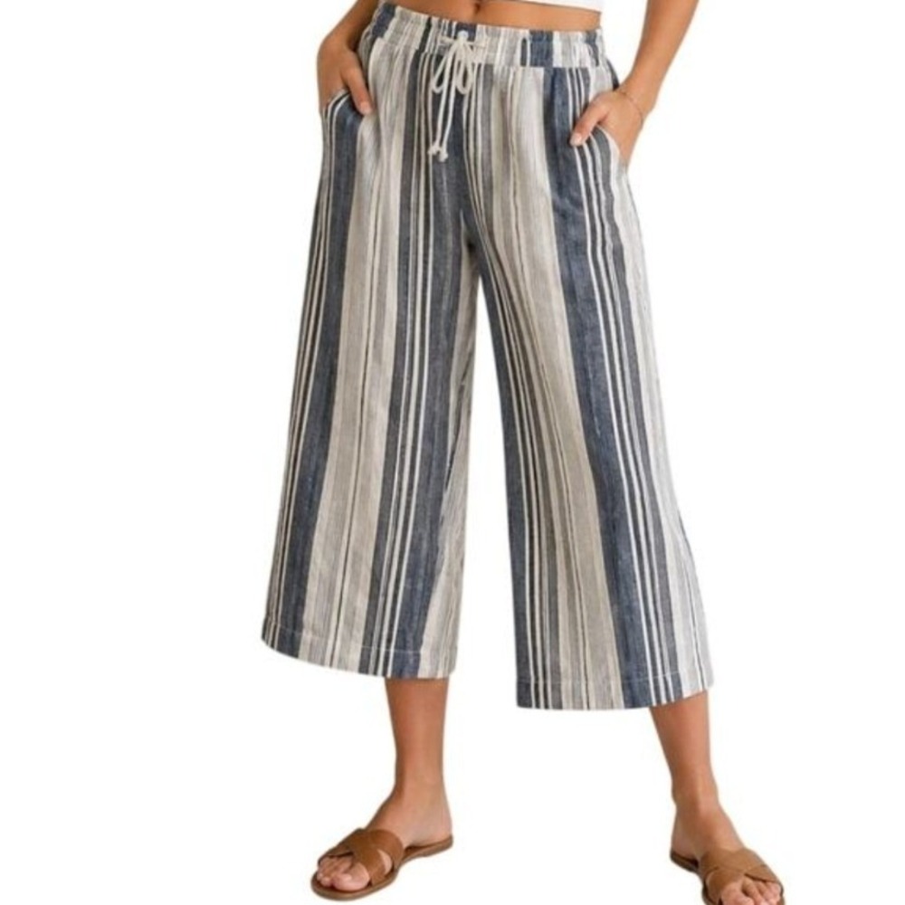 Beachlunchlounge Blue White Striped Linen Blend Wide Leg Crop Pants Large